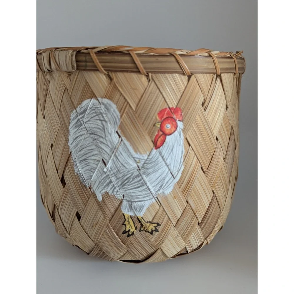 Vintage Wicker Basket Hand Painted Chickens Country Farm Decor 6in